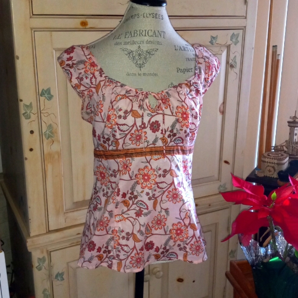 LOFT Pink Floral Cap-Sleeve Blouse with Orange Accents